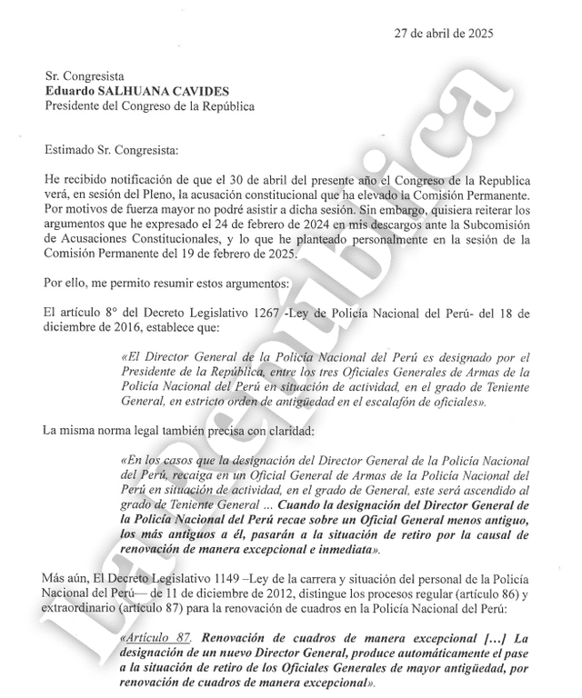 Carta de Francisco Sagasti.   