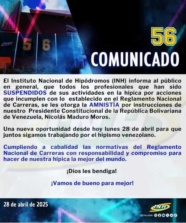Este fue el comunicado del INH. Foto: INH Este fue el comunicado del INH. Foto: INH