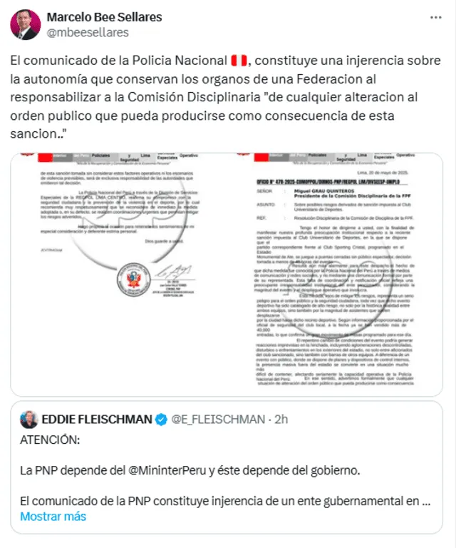 Explicación de Marcelo Bee Sellares sobre comunicado de la PNP. Foto: Twitter Explicación de Marcelo Bee Sellares sobre comunicado de la PNP. Foto: Twitter