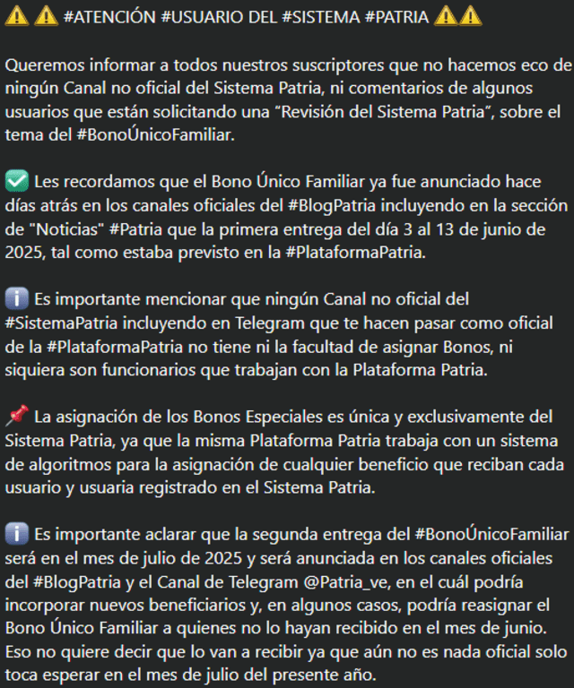Comunicado del Sistema Patria. Foto: Sistema Patria Comunicado del Sistema Patria. Foto: Sistema Patria
