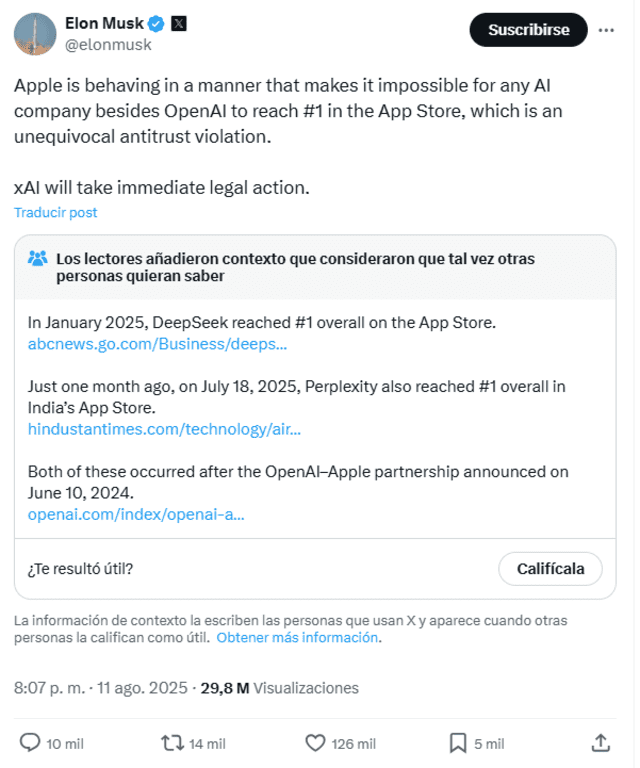Acusación de Elon Musk. Foto: captura de X Acusación de Elon Musk. Foto: captura de X