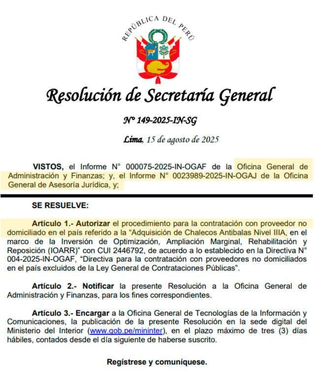 Disposición de la Secretaría General del Mininter para que la OGAF compre los chalecos antibalas en el extranjero. Foto: Mininter   