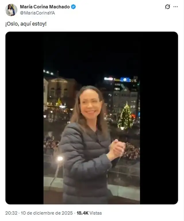 Primer mensaje de Machado en Oslo. Foto: @MariaCorinaYA/X<br> Primer mensaje de Machado en Oslo. Foto: @MariaCorinaYA/X<br>