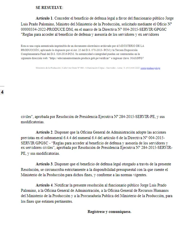 Resolución del Ministerio de Producción a favor del ministro Jorge Prado.