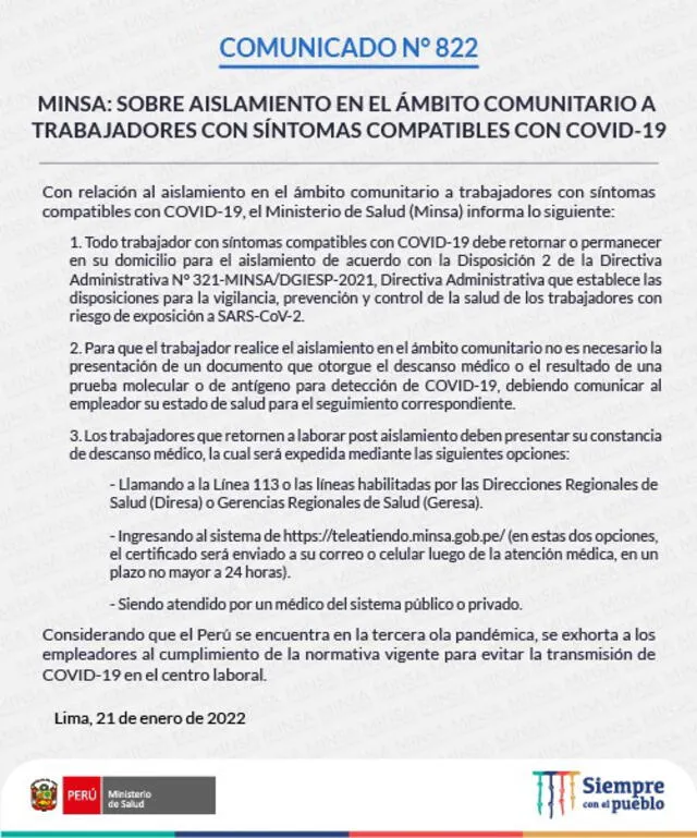 Comunicado del Ministerio de Salud. Foto: Minsa