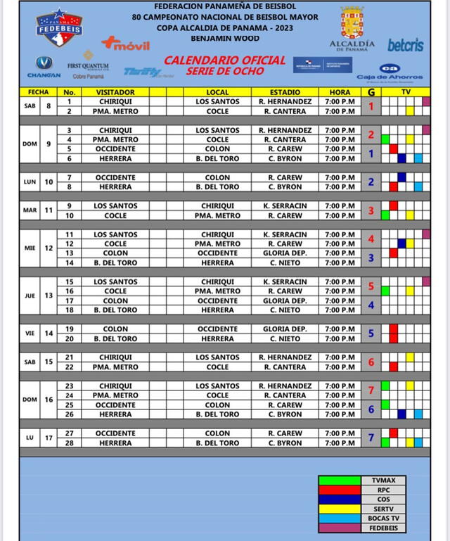 Este es el calendario oficial de la Serie de 8 de Béisbol Mayor 2023. Foto: Fedebeis