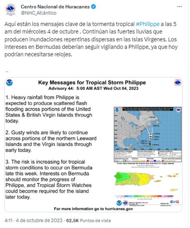 Continúan las fuertes lluvias que producen inundaciones repentinas dispersas en las Islas Vírgenes. Los intereses en Bermudas deberían seguir vigilando a Philippe. Foto: @NHC:Atlántico   