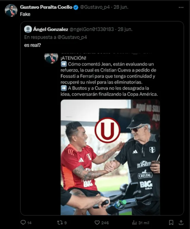  Tuit con el que Gustavo Peralta desmiente la noticia del interés de la 'U' en Cueva. Foto: captura de X/Gustavo Peralta    
