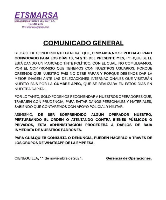  Comunicado de la empresa de transporte Señor de los Milagros S.A. - Etsamarsa. Foto: difusión    