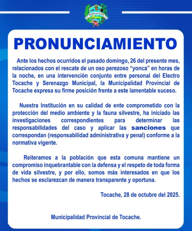 La comuna de Tocache se pronunció sobre los hechos.   