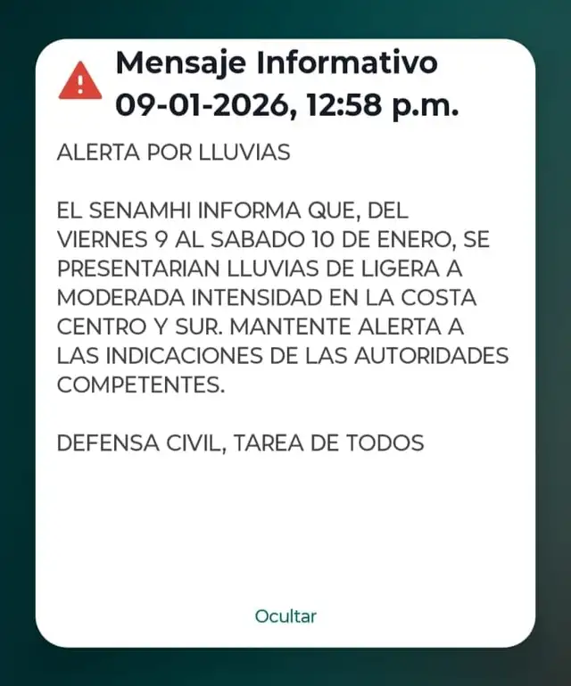  Mensaje informativo de Senamhi emitido a través de la alarma de Sismate.   