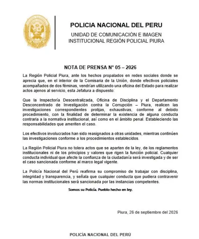 Nota difundida por la Región Policial Piura tras difusión del caso