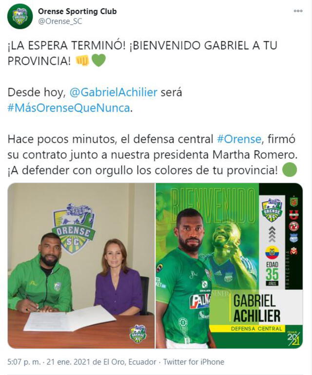Gabriel Achilier fue presentado en Orense. Foto: Twitter/@Orense_SC