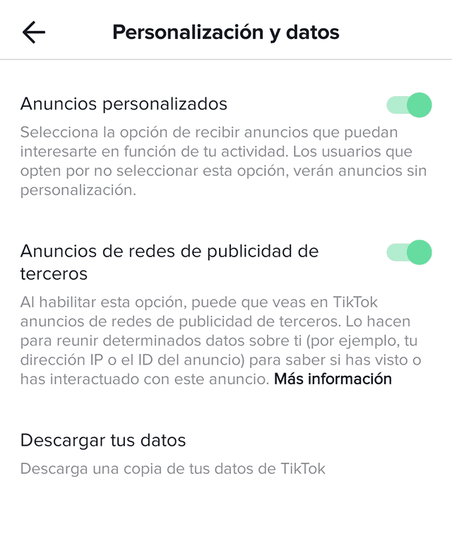 Configuración actual en la aplicación de TikTok. Foto: La República
