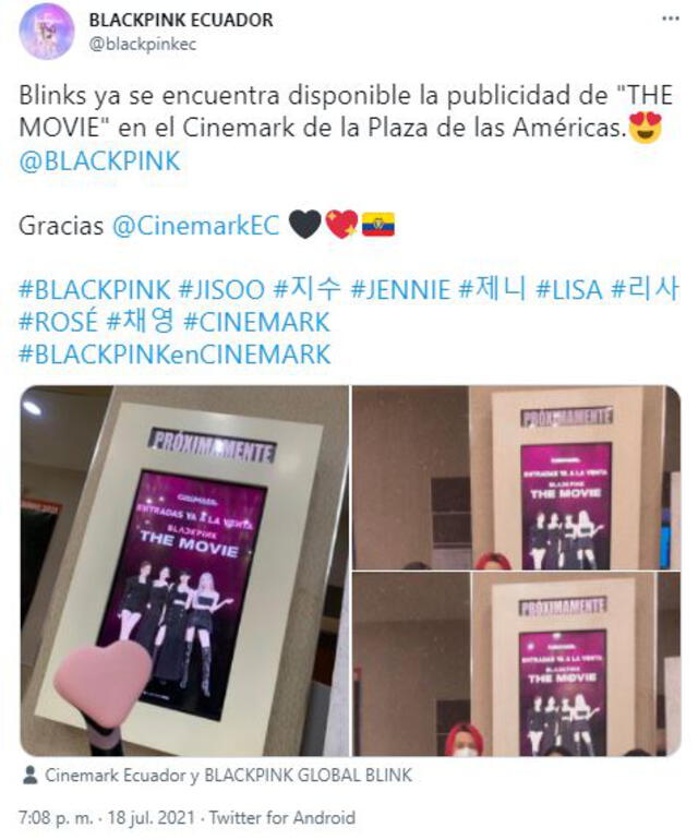 BLACKPINK: así se prepara el estreno de la película en cines de Ecuador. Foto: Twitter/blackpinkec