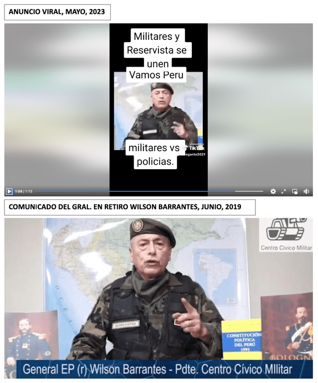 Comparación entre video actual viral (arriba) y clip del general en retiro Wilson Barrantes (abajo). Foto: composición LR/Facebook.   