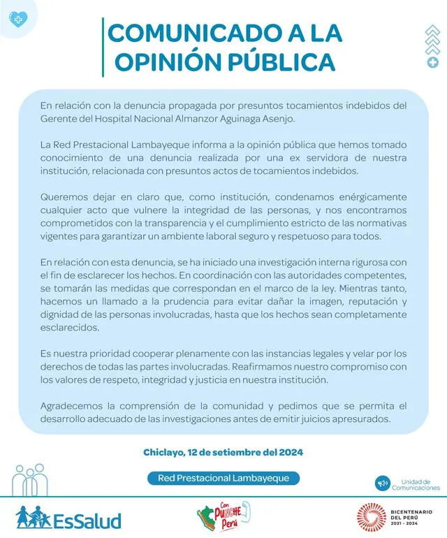 Comunicado de la Red Prestacional Lambayeque. Foto: comunicado   