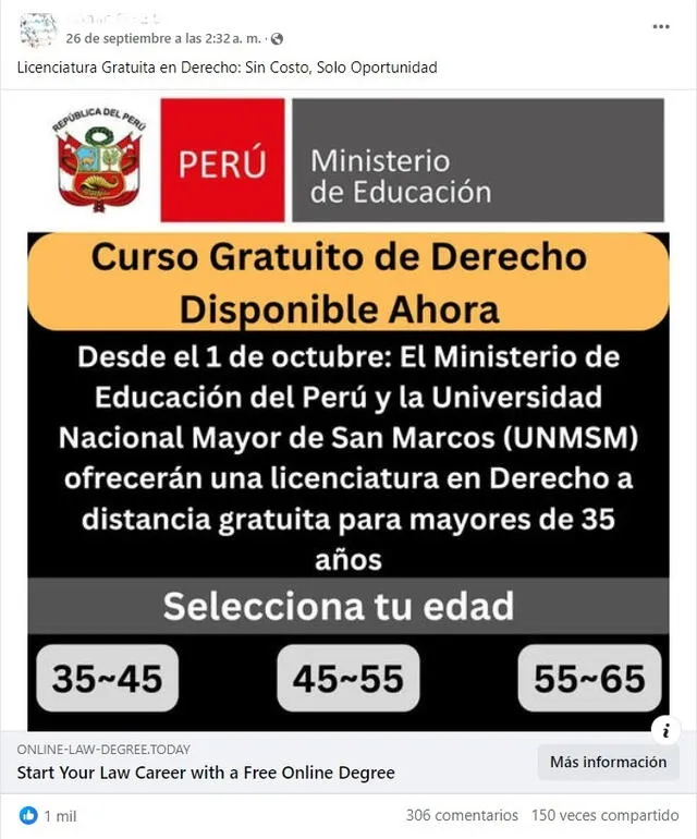 <em> Desinformación sobre el Minedu y la UNMSM. Foto: captura de Facebook</em>   