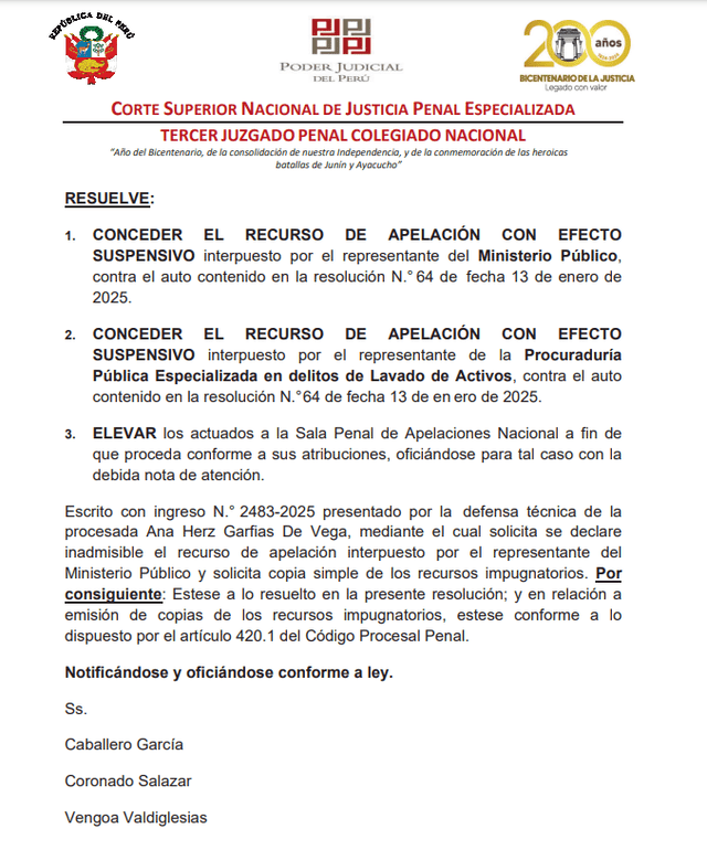  Resolución del PJ que suspende nulidad del juicio oral contra Keiko Fujimori | Fuente: Poder Judicial.    