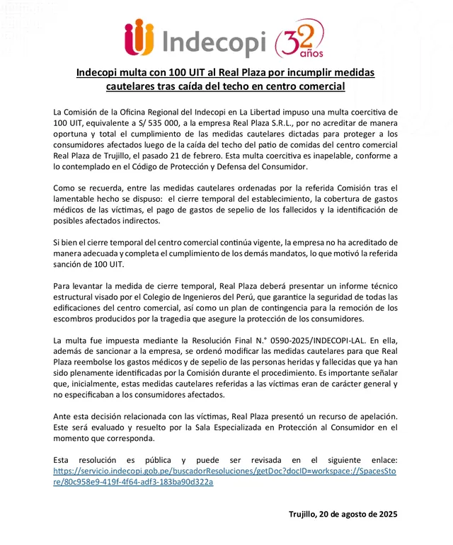  Comunicado de Indecopi. Foto: Indecopi.   