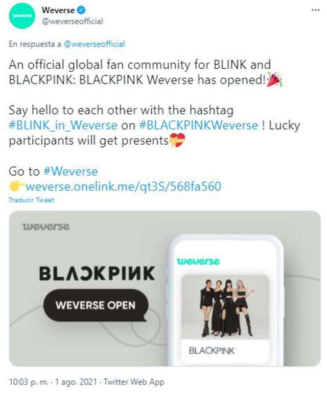 Weverse, app de HYBE, da la bienvenida a BLACKPINK. Foto: Twitter