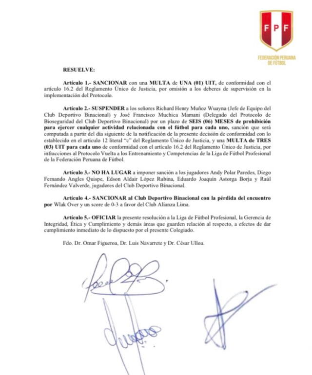 Alianza Lima es declarado ganador por la Comisión Disciplinaria de la FPF