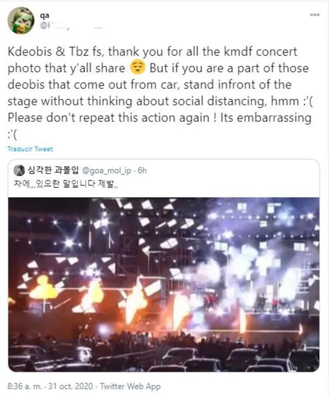 KMDF: fans rompen el distanciamiento en concierto K-pop. Foto: Twitter
