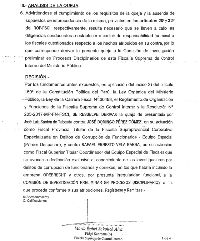 Disposición de la fiscal María Sokolich para investigar en proceso disciplinario a Vela y Pérez. Foto: La República.