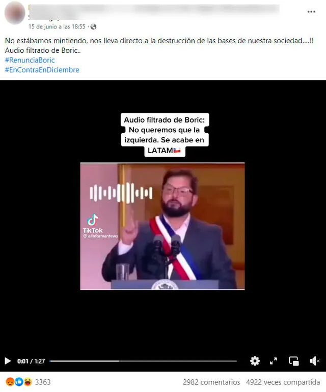  Post expone supuestamente un reciente “audio filtrado” de Gabriel Boric defendiendo el legado de Hugo Chávez. Foto: captura en Facebook.&nbsp;   