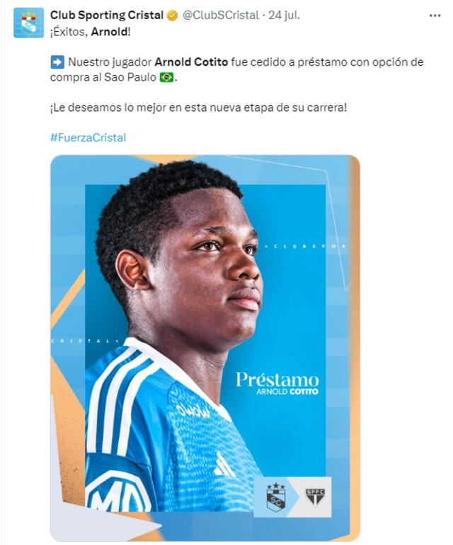 Así despidió el club celeste a Arnold Cotito. Foto: captura de Sporting Cristal/X   