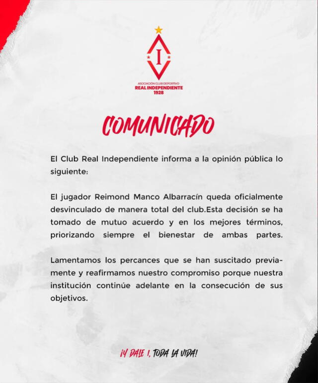 Comunicado de Real Independiente sobre Reimond Manco.   