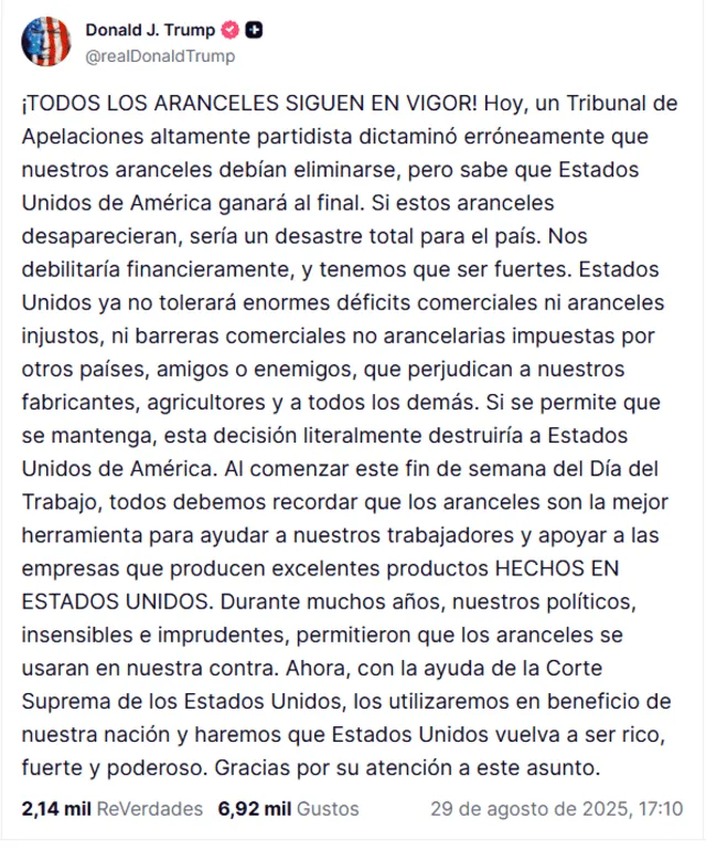 Respuesta de Donald Trump a la Corte de Apelaciones de Estados Unidos. Fuente: Truth Social Respuesta de Donald Trump a la Corte de Apelaciones de Estados Unidos. Fuente: Truth Social