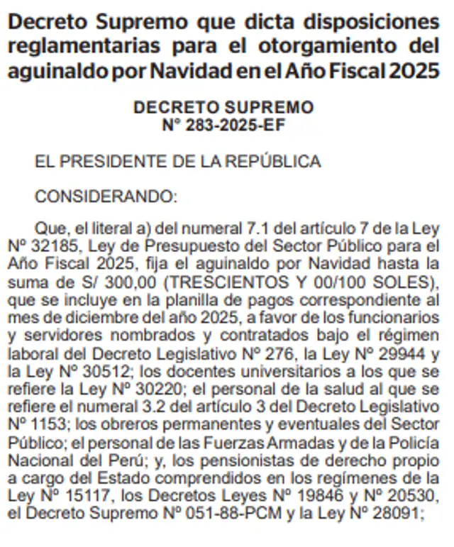  Norma que autoriza el pago del aguinaldo de S/300. Foto: El Peruano   