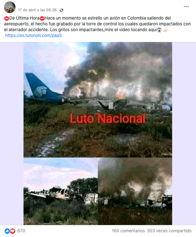 Publicación compartida en Facebook que muestra un supuesto accidente en Colombia. Fuente: Captura LR, Facebook.