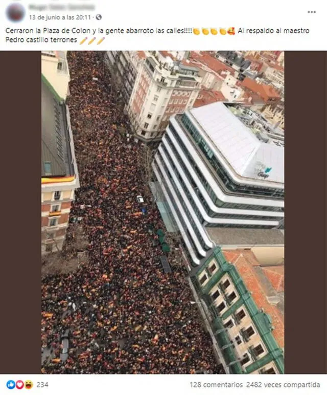 Según post viral, foto expone una marcha multitudinaria a favor de Pedro Castillo. Foto: captura en Facebook.