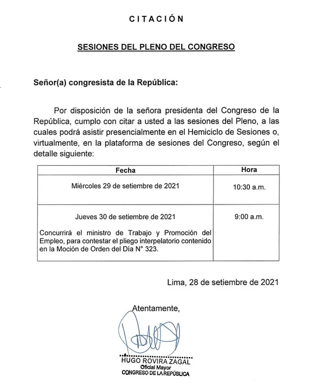 Agenda del pleno del Congreso. Foto: captura