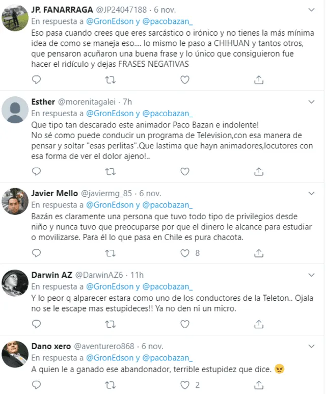 Usuarios en Twitter criticaron a Paco Bazán por ironizar con la crisis que se vive en Chile.