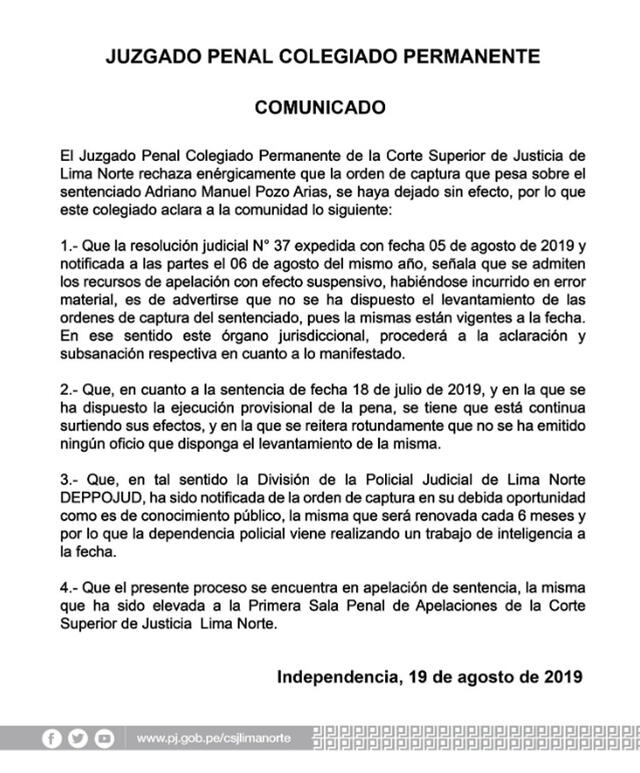 Comunicado del Juzgado Penal Colegiado Permanente de la Corte Superior de Justicia de Lima Norte. (Foto: Captura de imagen)