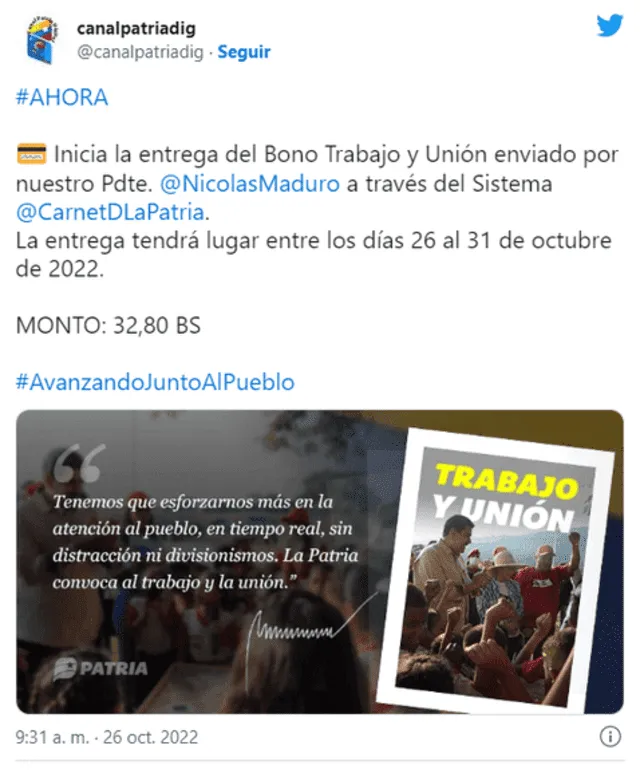 El bono Trabajo y Unión fue enviado por el presidente Nicolás Maduro. Foto: @CanalPatriaDIG/Twitter 