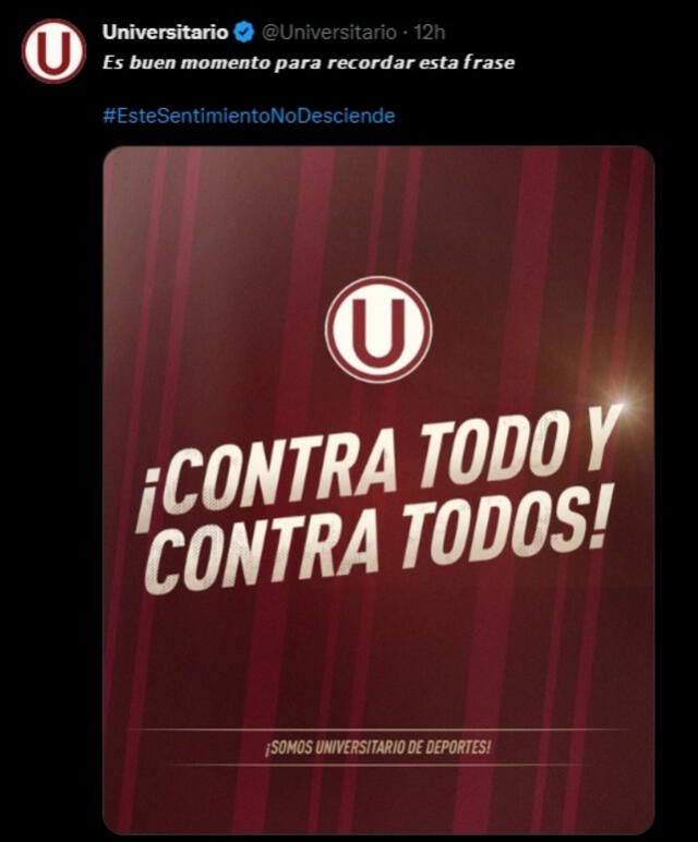 Tweet de la 'U' una vez terminado el partido de Alianza Lima. Foto: Universitario/Twitter   