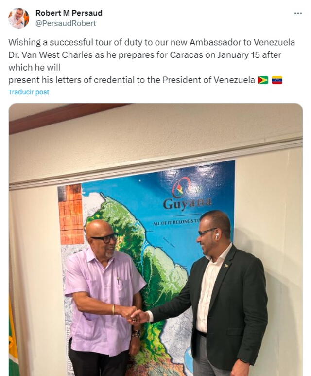 Mensaje del secretario de Asuntos Exteriores de Guyana, Robert Persaud. Foto: X 