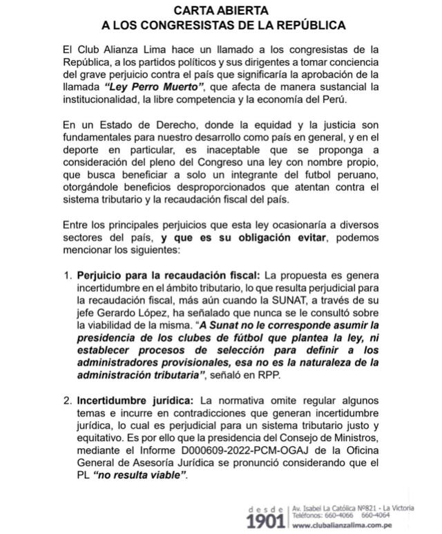  Carta abierta del club íntimo a los congresistas. Foto: Alianza Lima    