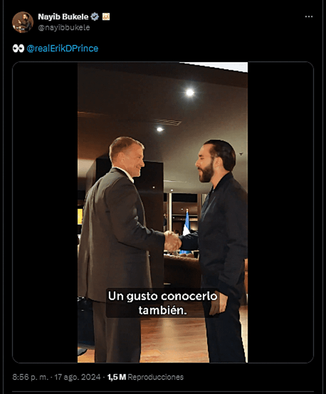  Nayib Bukele se reunió con Erik Prince y discutieron temas relacionados con las cárceles, así como la alerta de seguridad que Estados Unidos mandó a El Salvador. Foto: captura de X/Nayib Bukele   