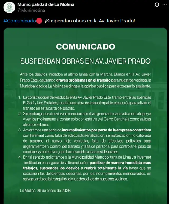 La Molina pide suspensión de obras en la av. Javier Prado. Foto: X La Molina pide suspensión de obras en la av. Javier Prado. Foto: X