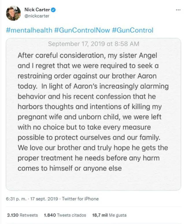17.9.2019 | Nick Carter anuncia que pidió una orden de restricción contra su hermano Aaron Carter. Foto: captura Twitter