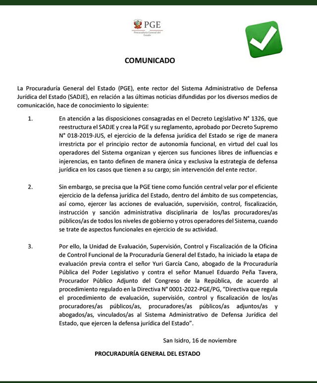 Comunicado de la Procuraduría: Manuel Peña y Yuri García serán sometidos a evaluación interna.
