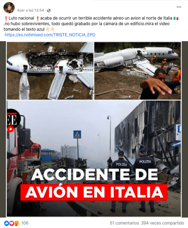 Publicación viral en redes sociales exponiendo un supuesto accidente ocurrido en abril de 2022 en Italia. Fuente: Captura LR, Facebook.
