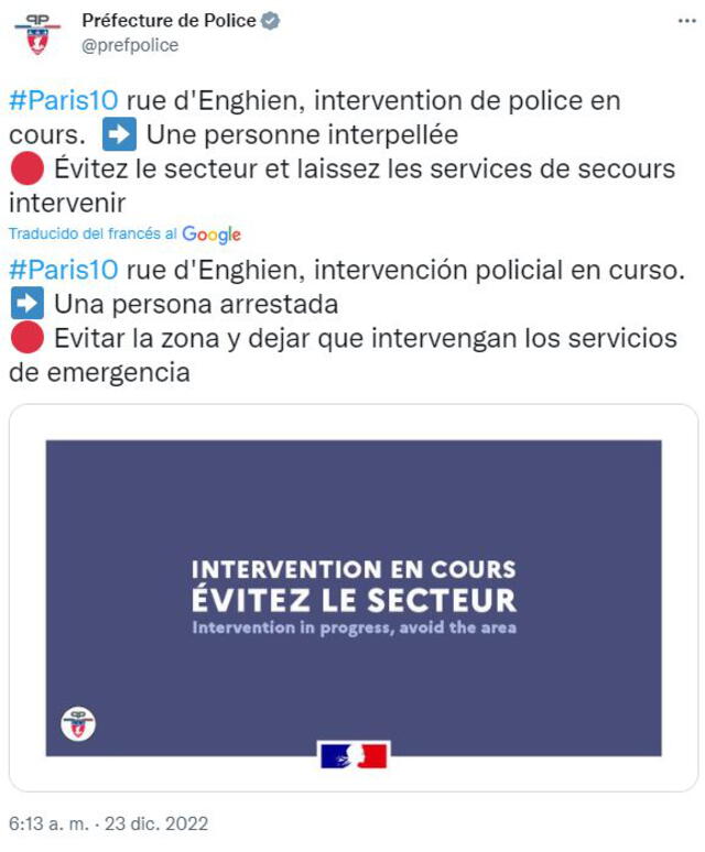 La policía parisina viene investigando los hechos. Foto: captura @prefpolice/Twitter