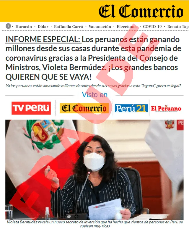  El supuesto artículo de Violeta Bermúdez. Usurpan la identidad gráfica de El Comercio. Foto: captura de la web fraudulenta   