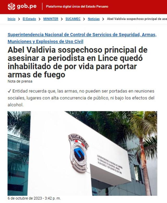  Abel Valdivia es el sospechoso principal de asesinar a periodista en Lince. Foto: Sucamec   